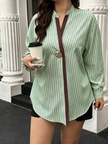 夏季V領金屬扣條紋襯衫休閒通勤風大尺碼日常穿著 - 彩色 - 查看 3