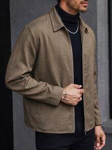 Jaket Linen Model Shacket, Musim Semi/Panas/Autumn, Warna Khaki Tua, Jaket Linen Kasual Minimalis - Khaki - View 3