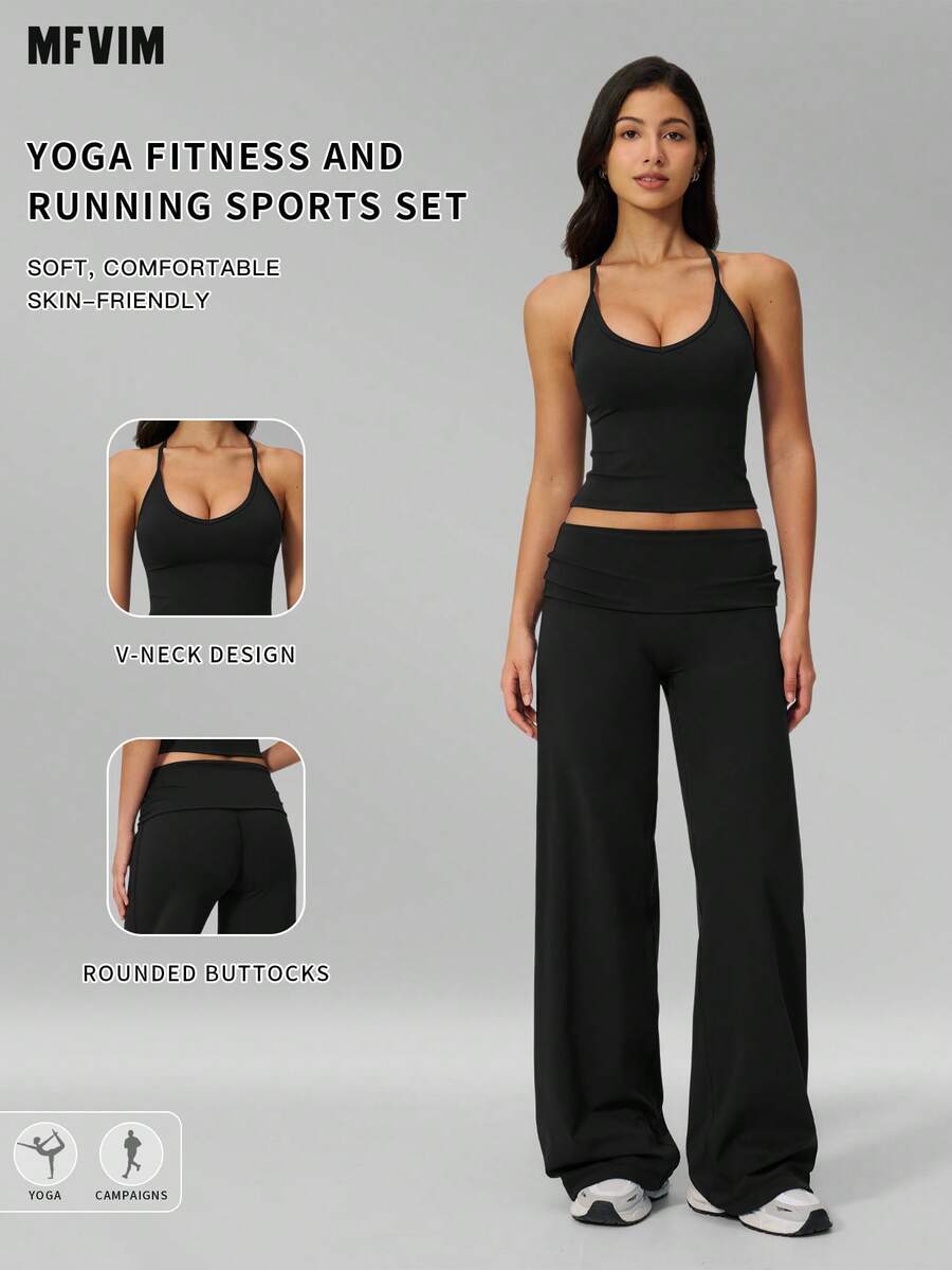 MFVIM Women's Versatile Yoga Casual Set, Tank Top + Wide Leg Pants, Suitable For Gym, Running, Pilates