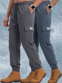 1pc Men's Multi-Pocket Solid Color Cargo Pants, Outdoor Hiking Casual Pants, Suitable For Daily Commute, Sports Training, Fitness Workout, Lightweight, Elastic Waist Drawstring, Elastic Cuffs, Long Pants, Vacation - Dusty Blue - View 1