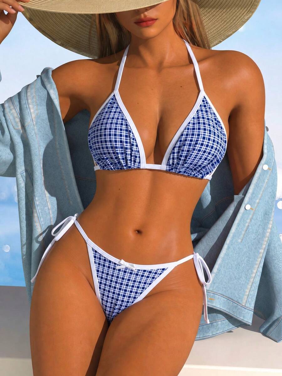 Summer Plaid Triangle Cup Bikini, Small Bust Push-Up Halter Tie Neck, Slimming Bikini For Hot Spring, Beach, Party, Vacation - Multicolor - View 1
