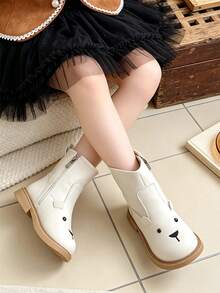 1 Pair Kids Soft Cute Cartoon Bear Decor Short Leather Boots, Easy On/Off Side Zipper Design, Suitable For Casual Outings, Parent-Child Matching, Autumn/Winter - Beige - View 4
