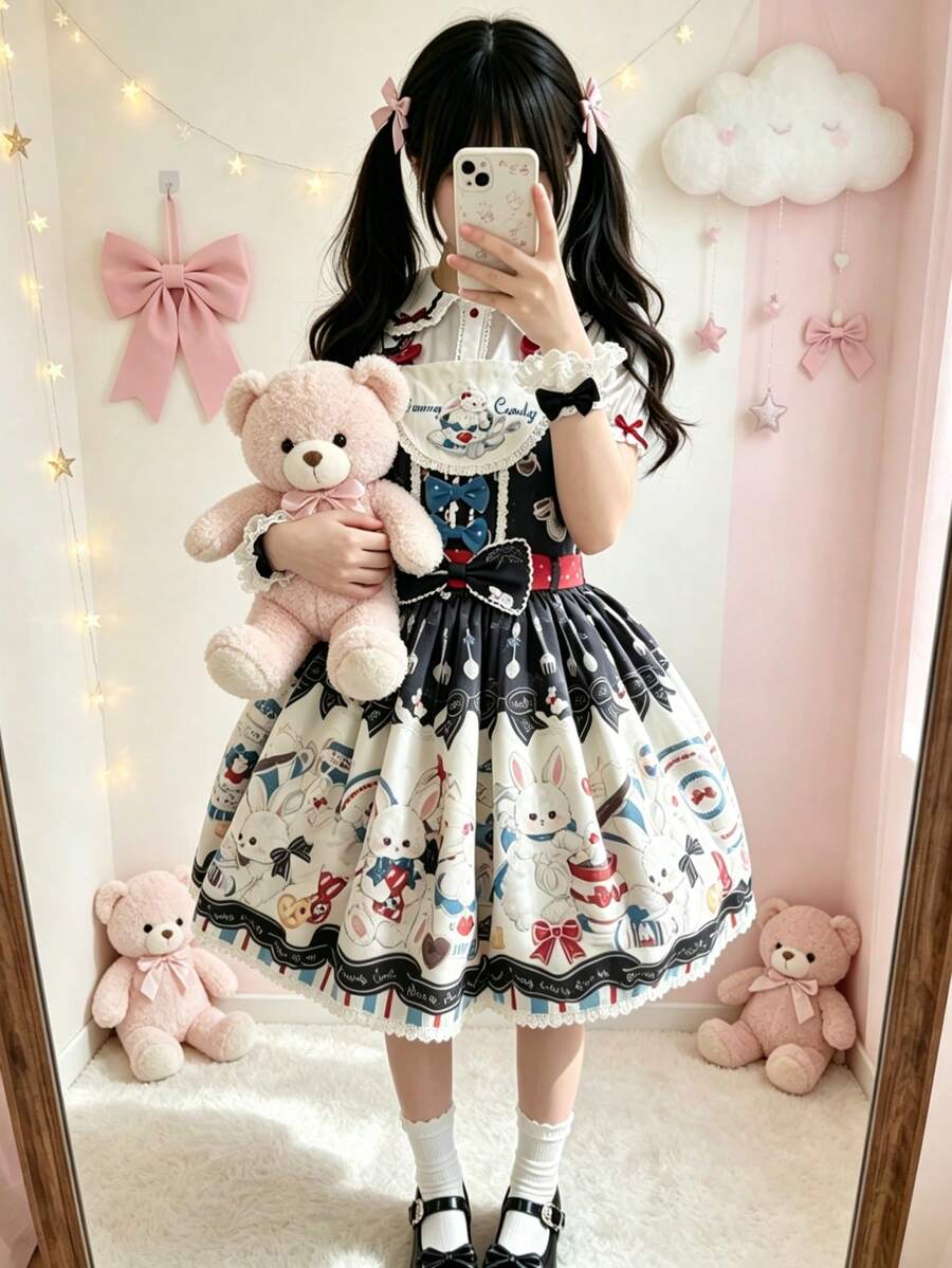1 chiếc váy Lolita in họa tiết thỏ ngọt ngào dễ thương, phù hợp cho tiệc lễ hội và biểu diễn, phù hợp cho mọi lễ hội, quà tặng Valentine, mặc hàng ngày và dịp lễ, chỉ bao gồm váy - Nhiều màu - Xem 1