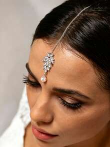 1 Peça Corrente de Cabelo de Noiva Elegante e Fashion com Pérolas, Estilo Exótico, Acessório de Vestido de Casamento, Tiara Brilhante com Strass, Pingente para Testa - Multicolorido - Visão 7