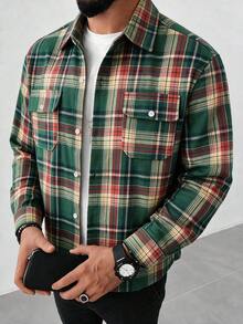 Modcrash Mens Green Plaid Workwear Shirt, Button Up Long Sleeve Top With Chest Pockets, Business Casual Commute Shirt - Multicolor - View 4