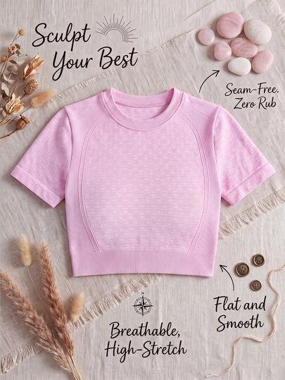 Seamless Women's Pink Textured Crew Neck Short Sleeve Fitness Crop Top Sports Summer