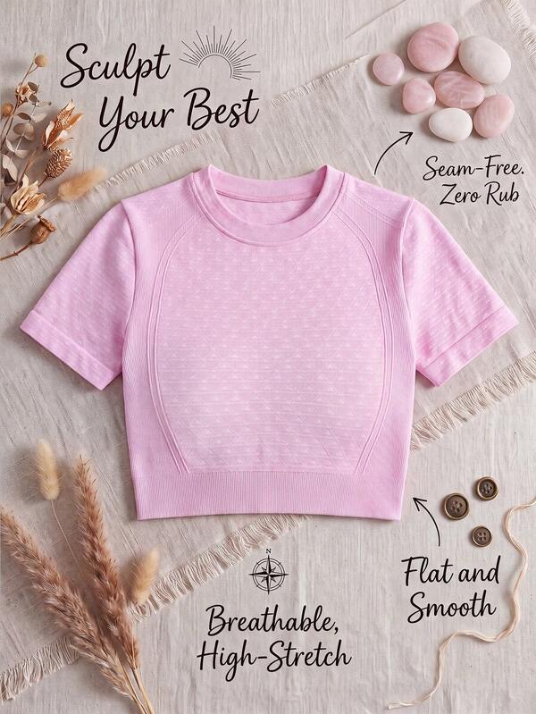Top corto deportivo sin costuras para mujer, rosa con textura, cuello redondo, manga corta, fitness, verano