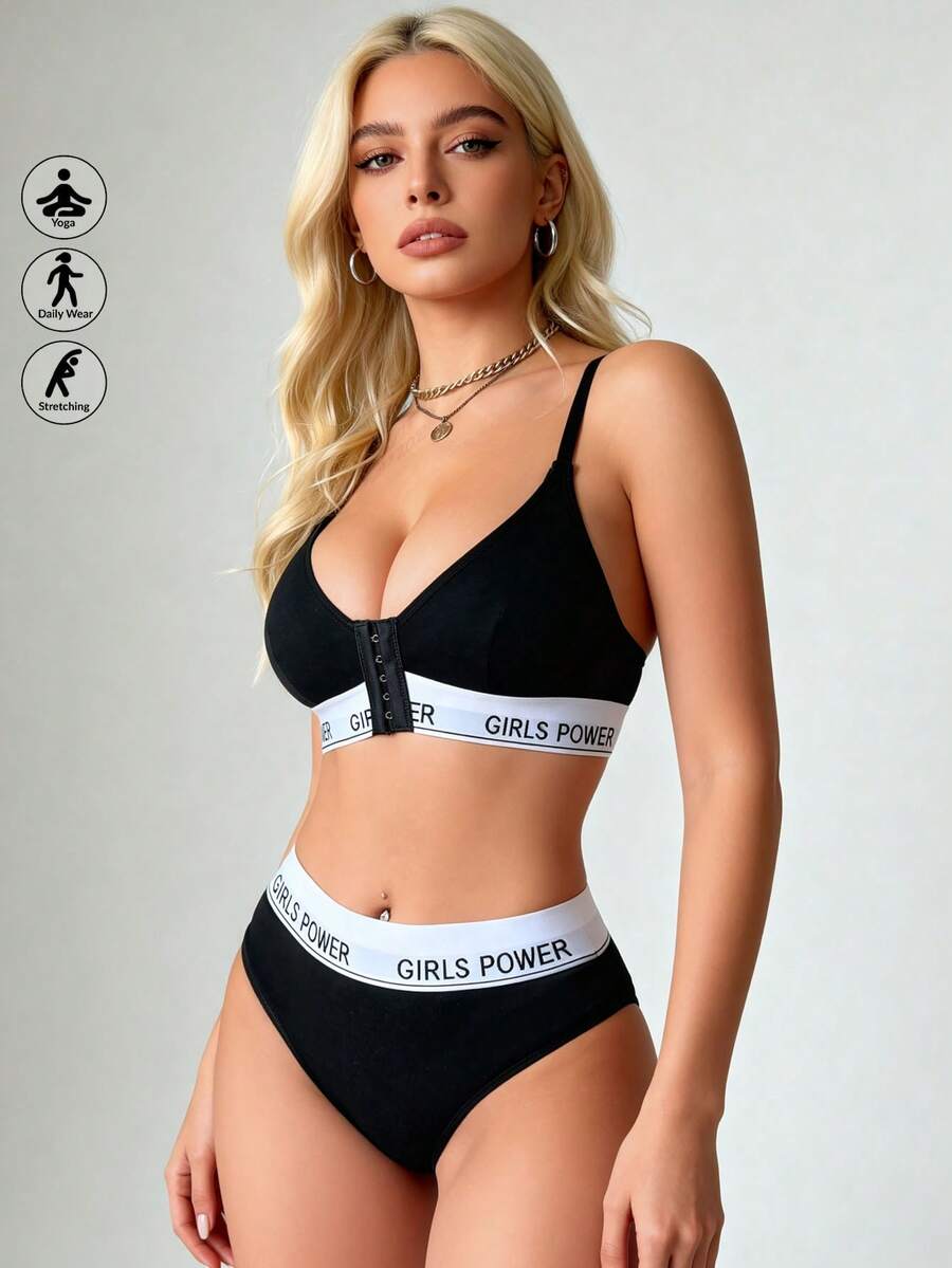 Runway Rest Wireless Letter Print Front Closure Bra Set For Women Two Pieces Set Women 2 Pieces Set
