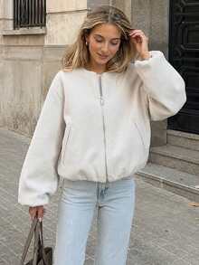 Women's Zip-Up Bomber Jacket, Short Pilot Jacket For Autumn/Winter, Black, Beige, Grey, Long Sleeve, Faux Suede Baseball Coat White Spring - White - View 3