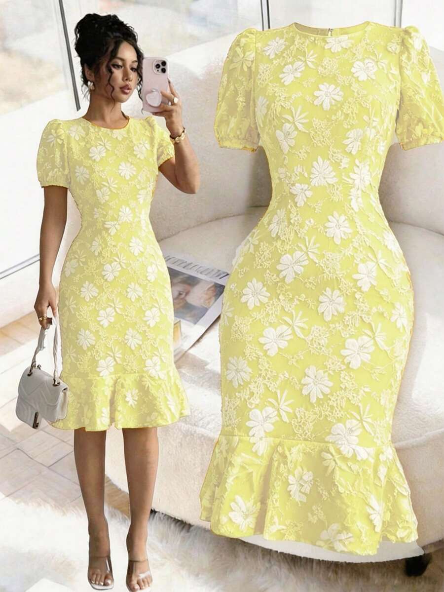 Women's Elegant Jacquard Round Neck Puff Sleeve Fitted Dress, Suitable For Commuting And Daily Wear, Women's Dress, Women's Elegant Dress