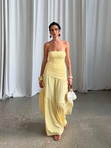Women's Summer Yellow Sexy Solid Color Strapless A-Line Ruched Dress, Suitable For Valentine's Day Date, Graduation Season Party - Yellow - View 7