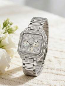 GUESS Luxury GW0472L2 Chronograph Watch, Square Mother-Of-Pearl Subdial Rhinestone Decor Gold Metal Band Women Wristwatch - Gold - View 5