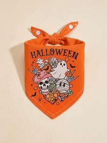 Soft & Comfortable Polyester Pet Bandana, Autumn Decor, Halloween Ghost & Skeleton Print, Dog Supplies, Suitable For Dogs & Cats Indoor/Outdoor Wear - Orange - View 8