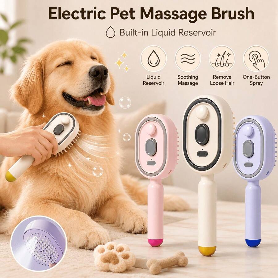 ENSSU 3-In-1 Electric Pet Grooming Brush With Massage, Aromatherapy Mist And 650nm Red Light Therapy, Anti-Static, Self-Cleaning, Detangles Hair And Nourishes Roots, Gift, Present, Celebration