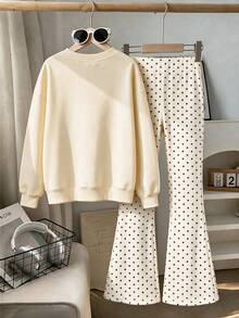 2 Pieces Outfit Set For Older Girls And Teens, Includes 1 Apricot Crew Neck Sweatshirt And 1 Polka Dot Flare Pants, Featuring Distinctive Gold Cherry Pattern, Minimalist Casual Style - Apricot - View 6