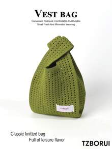 Mini Lightweight Foldable Minimalist Lime Green Hollow-Out Breathable Color-Block Knitted Handbag Wrist Bag Crochet Vacation Outfit Photo Student School Girls - Lime Green - View 1