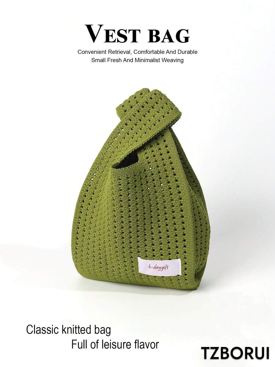 Mini Lightweight Foldable Minimalist Lime Green Hollow-Out Breathable Color-Block Knitted Handbag Wrist Bag Crochet Vacation Outfit Photo Student School Girls - Lime Green - View 1
