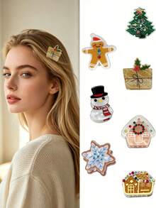 4pcs/Set Women's Christmas Series Hair Clips, Cute Snowman, Gingerbread Man, Christmas Tree Decorative Hair Clips, Party Hair Accessories - Multicolor - View 1