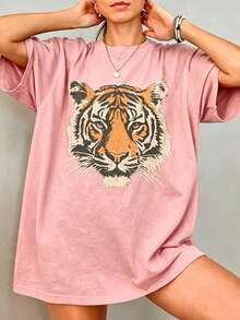 Vintage Tiger Tee - Retro Animal  T-Shirt, 90s Animal Gift For Tiger Lover, Wild Cat Shirt, JungleTiger Graphic Tee220G Heavyweight1830% CottonT-Shirt - 粉紅色2 - 查看 1