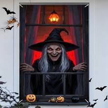 [Party Banner, Bunting_party Banners]1pc, Polyester Material, Halloween Theme Party Window Banner, Skeleton Wizard Hat Design - A - View 8