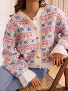 Women's Comfortable Plush Knit Cardigan, Pink Floral With Blue Bow Pattern, Long Sleeve Round Neck Button Front Sweater Top - Apricot - View 1