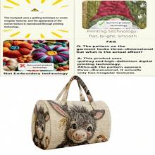 1pc Beige Quilted Cylindrical Handbag With Small Donkey Sparrow Pattern, Rural Farm Gift, Thanksgiving Rural Farm Decoration Series, Thanksgiving Gift - Multicolor - View 9