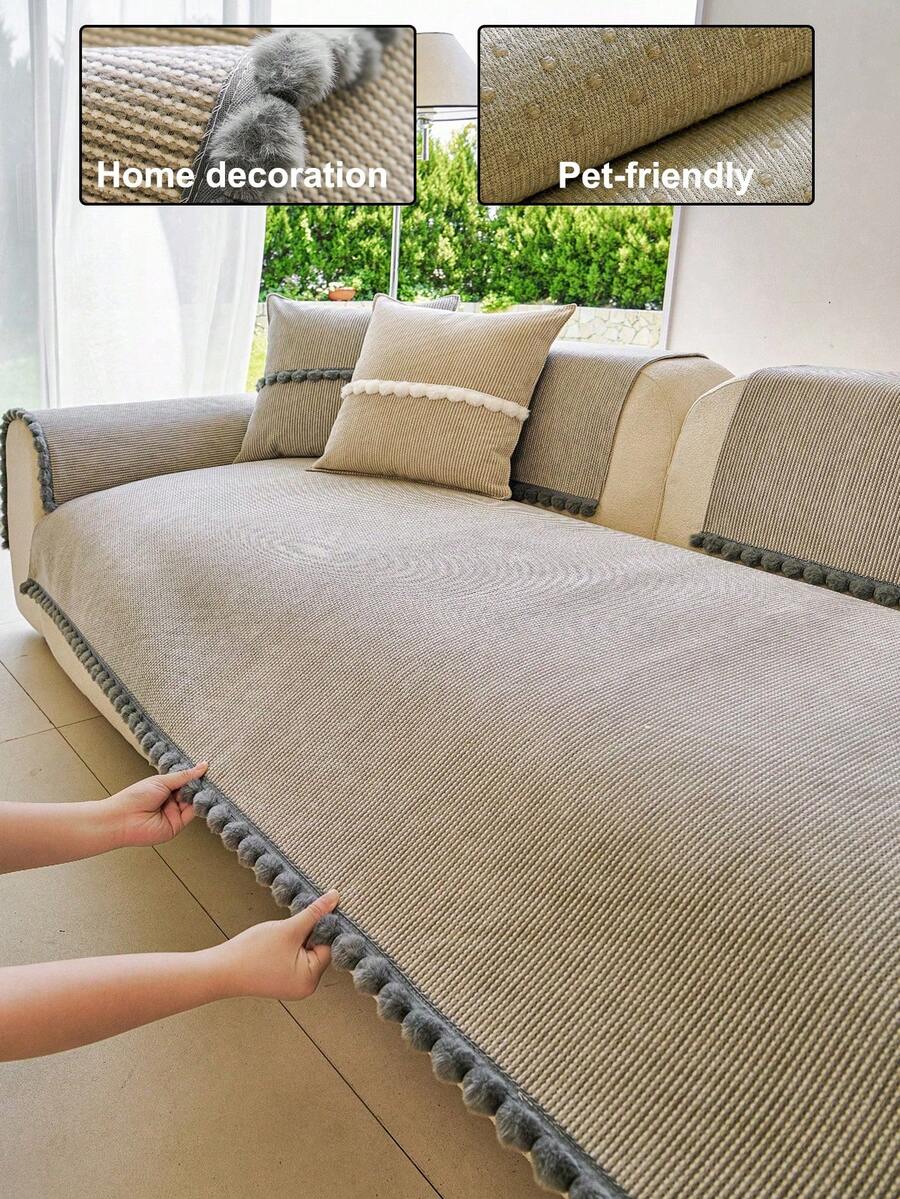 1pc Bohemian Style Tassel Solid Color Chenille Sofa Cover, Minimalist Unique Design, Adds Artistic Flair And Exotic Charm To Your Living Room, Creating A Comfortable And Fashionable Home Decor - Light Grey - View 1