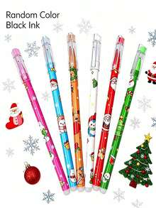 6/1pc Christmas Themed Erasable Gel Pens 0.5mm Black, Smooth Erasable, Student Stationery Holiday Gift - Multicolor - View 1