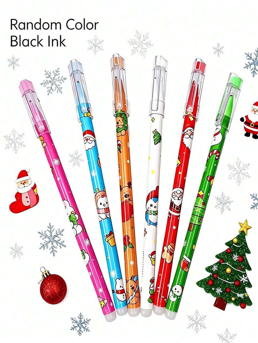 6/1pc Christmas Themed Erasable Gel Pens 0.5mm Black, Smooth Erasable, Student Stationery Holiday Gift - Multicolor - View 1