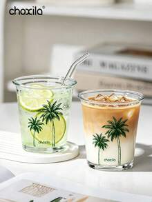 choxila 1pc Palm Tree Print Transparent Glass Cup, Summer Drinking Water Coffee Juice Mug - Clear - View 1