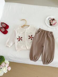 Miniweenns 2pcs/Set Baju Bayi Perempuan Musim Semi/Musim Gugur Rajut Kasual Motif Wafel Warna Kontras Kerah Renda Dekorasi Bunga 3D + Celana Panjang Manset - MultiWarna - View 2