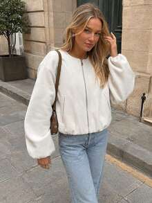 Women's Zip-Up Bomber Jacket, Short Pilot Jacket For Autumn/Winter, Black, Beige, Grey, Long Sleeve, Faux Suede Baseball Coat White Spring - White - View 4
