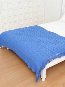1pc Wavy Pattern Acrylic Knit Blanket, Nordic Style Rectangular Tassel Solid Color Sofa Throw Bed Decor Nap Blanket - Vertical Diamond Blue - View 3