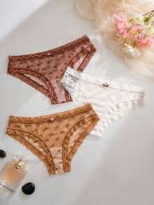 Aesletic 3pcs Vintage Sweet Women's Panties, Wavy Ruffle Lace Heart Mesh Triangle Panties - Multicolor - View 5