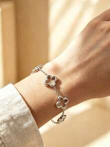 VceTd 1 Set Elegant Style Stainless Steel Women's Jewelry Set With Four-Leaf Clover Element, Suitable For Fashionable Outfit Wear - Silver - View 4