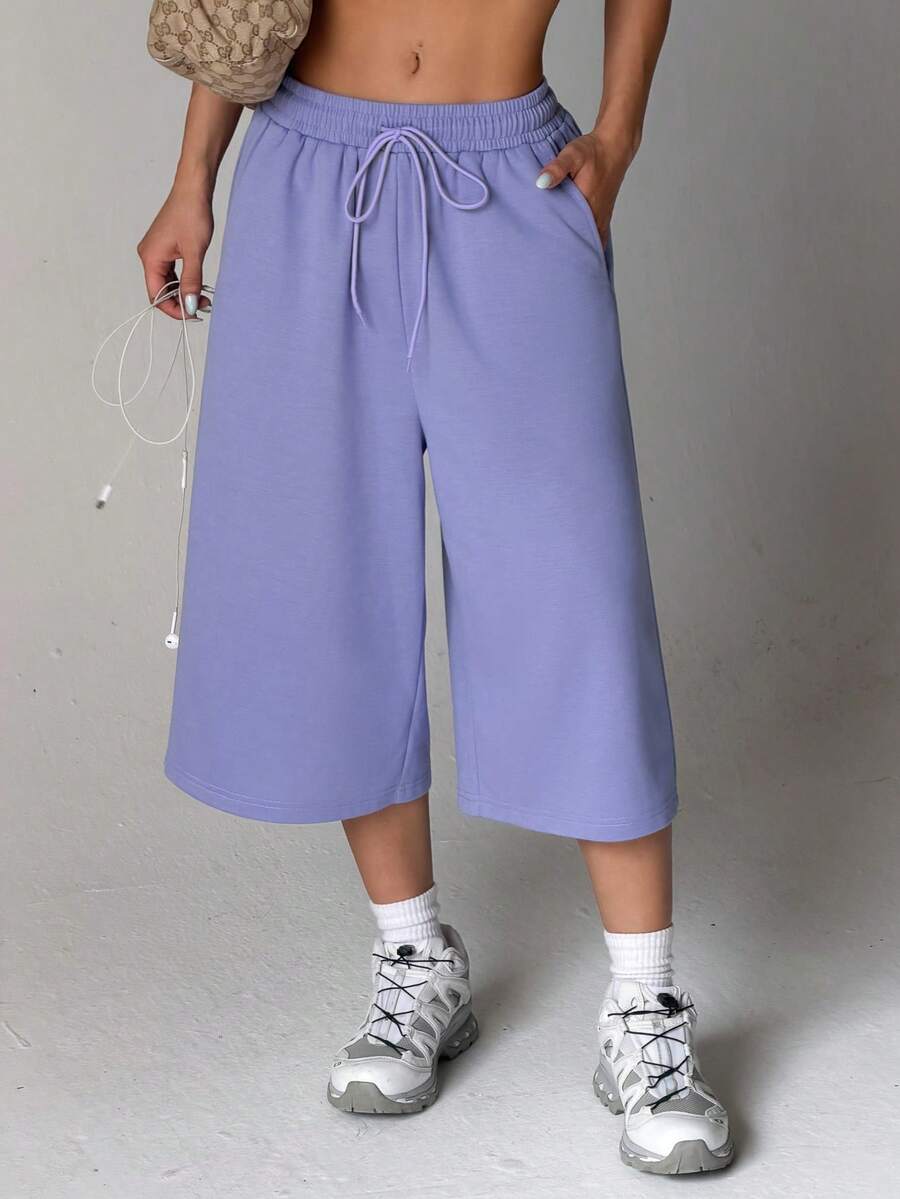 Lavender Elastic Drawstring Wide Leg Culottes, Summer Sporty Casual Y2K Gym Workout Cropped Pants For Running Holiday Streetwear - Purple - View 1
