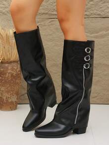Botas slouch negras de PU para mujer con decoración de 3 hebillas, cremallera lateral, tacón medio-grueso, botas hasta la rodilla, estilo western, para uso diario y otoño/invierno, botas versátiles - Negro - Ver 6