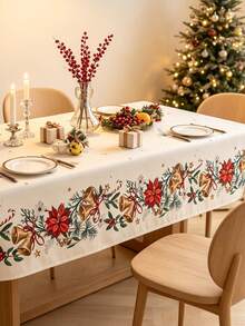 MineLain 1pc Merry Christmas Rectangular Tablecloth, Cream Color, Dining Table Cloth, Christmas Bells And Red Flowers, Poinsettia, Dining Table, Coffee Table Cloth, Home Decor, Holiday Party Tablecloth, Suitable For Home Kitchen Dining Room, Dinner, Gathering, Party, Birthday, Holiday, New Year Theme Event Decoration, Christmas Decoration, Winter Decoration - Multicolor - View 6