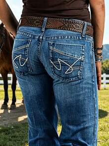 Celana Jeans Wanita Model Flare Stretch dengan Bordir Seksi, Celana Denim Kasual Vintage dengan Tampilan Usang, Pakaian Musim Gugur/Dingin - Medium Wash - View 7