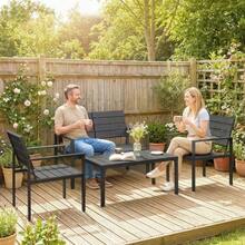 Garden Furniture Set 4-Person Lounge With 2-Seater Sofa, 2 Armchairs, Side Table, Slatted Design, Black - 黑色 - 查看 2