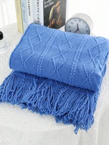 1pc Wavy Pattern Acrylic Knit Blanket, Nordic Style Rectangular Tassel Solid Color Sofa Throw Bed Decor Nap Blanket - Vertical Diamond Blue - View 5