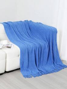 1pc Wavy Pattern Acrylic Knit Blanket, Nordic Style Rectangular Tassel Solid Color Sofa Throw Bed Decor Nap Blanket - Vertical Diamond Blue - View 2