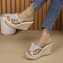 Women's Wedge Slippers Mesh 3D Floral Decor Sandals Thick Sole Bow High Heel Beach Sandals - White - View 2