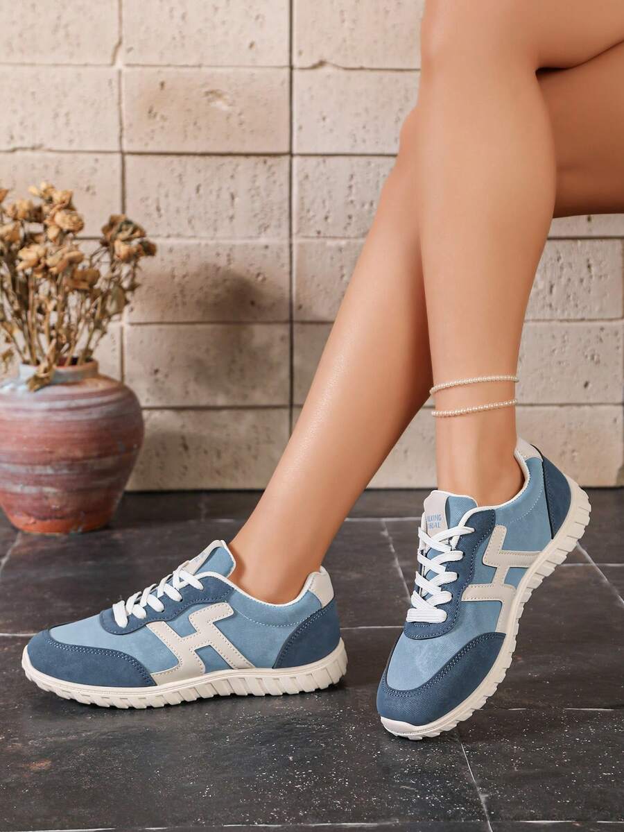 Colorblock Casual Sports Shoes Lace-Up, Lightweight, Thin. Soft Sole Walking Daily Wear - Women - Comfortable, Fashionable, Versatile - Navy Blue - View 1