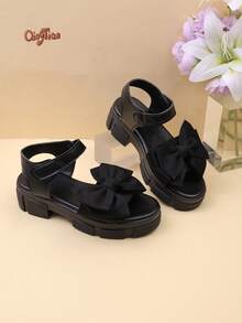 1 Pair Black Girls' Spring/Summer Thick Sole Casual Sandals + Large Bow Decor Hook & Loop Design Versatile Open Toe Sandals For Outdoor / Vacation 2026 New Style - Black - View 8