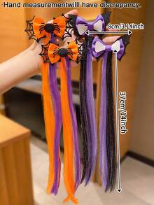 2Pcs Girls Halloween Spider Web Bow Hair Extensions, Orange Purple Black Gradient Glitter Long Ribbon Duck Clip, Halloween Holiday Costume Hair Accessories, Convenient And Practical Hair Extensions, Suitable For Halloween Gifts And Party Use - Multicolor - View 3