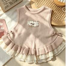 WUHUANG YIYI Flickors stickad väst i mjuk stil med enfärgad mesh, patchworkfåll, sidobåtar, broderad applikation, mångsidig för utflykter, sommar och höst - Babyrosa - Visa 5