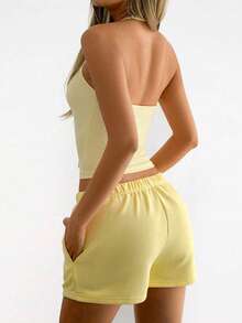 GLAMSKIN Women's Summer/Autumn Basic 2 Pieces Set, Spaghetti Strap Tank Top And Drawstring Shorts Yellow Elegant - Yellow - View 2