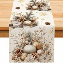 1-Piece Linen Table Runner, Featuring Christmas Balls, Pine Cones, And Floral Designs, Durable Indoor And Outdoor Holiday Table Flags Suitable For Kitchen, Dining, And Christmas Party Decorations, Holiday Themes, And Home Decor. - Multicolor - View 8