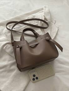 Solid Color Minimalist Lychee Textured Handbag, Crossbody Bag With Strap, Buckle Bucket Bag - Coffee - View 8